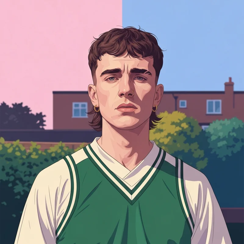 Paul Mescal wearing a single gold hoop earring and a vintage jersey, looking thoughtful in a cinematic London setting.