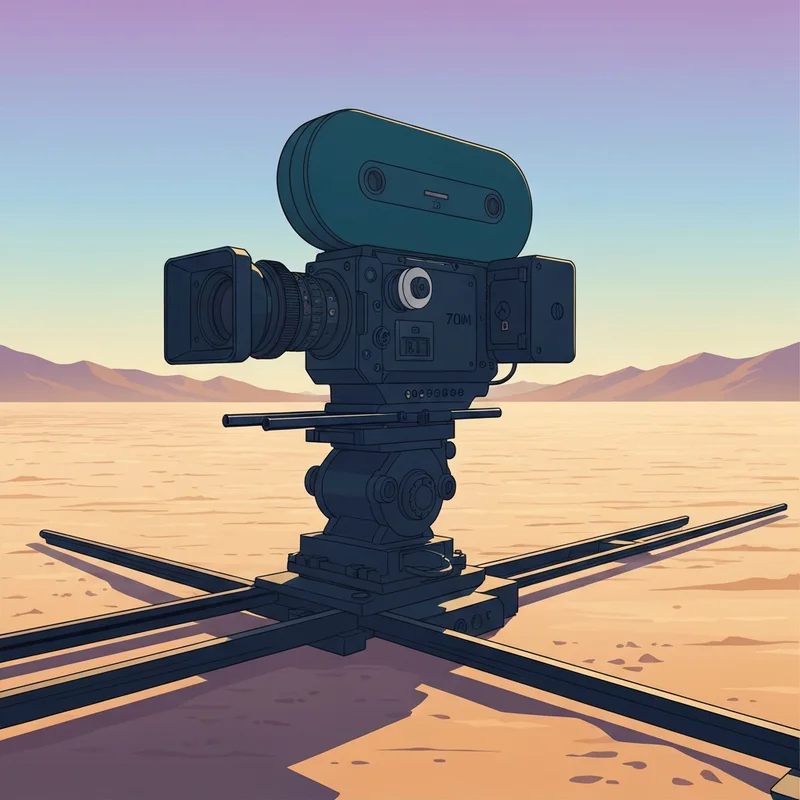 Cinematic 70mm camera lens focusing on a dramatic desert horizon, symbolic of the visual style of Paul Thomas Anderson.