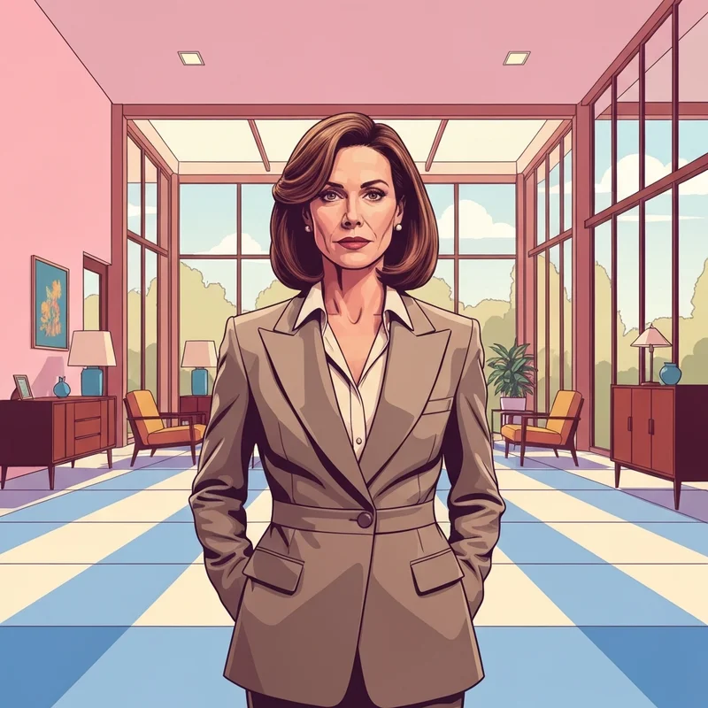 Portrait of Katherine LaNasa as the sophisticated icon of career resilience and architectural design.