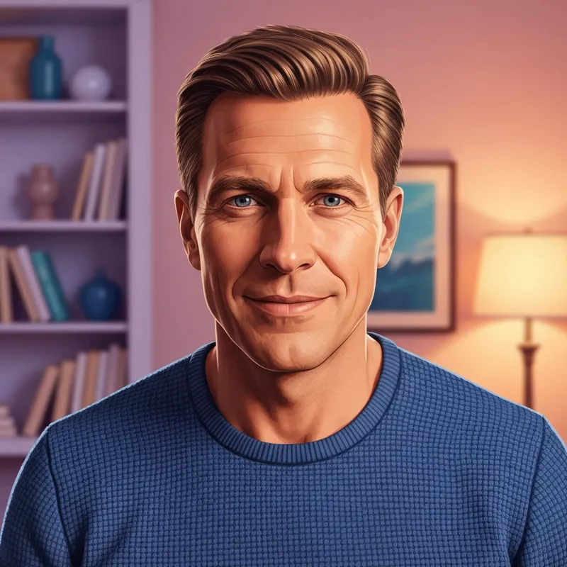 A cinematic and warm portrait of an actor resembling Luke Macfarlane, reflecting a sense of authenticity and calm masculinity, set against a soft-focus studio background.