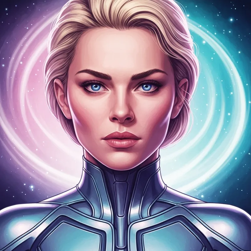 Milly Alcock as a futuristic cosmic hero with blonde hair and a stoic expression, symbolizing her role as Supergirl.
