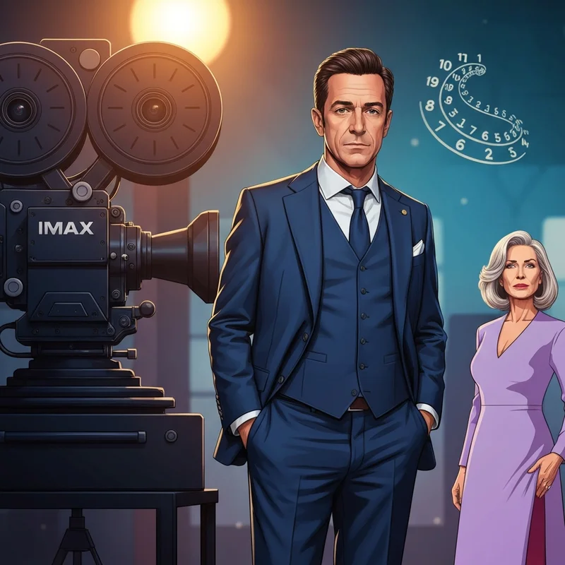 Cinematic portrait of Christopher Nolan on a film set with IMAX cameras and a non-linear clock symbol in the background.