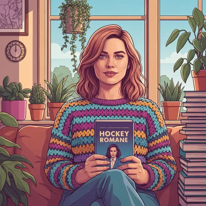 Authentic actress Haley Lu Richardson engaging in her crochet hobby with a copy of Heated Rivalry nearby, reflecting her 2025 digital detox lifestyle.