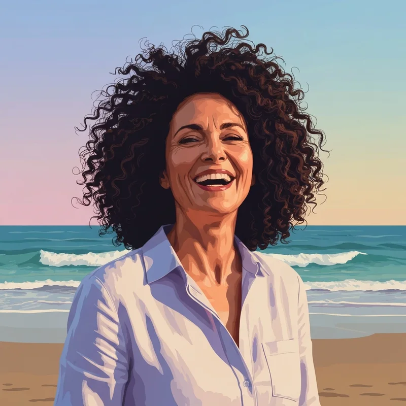 Minnie Driver at 56, showcasing radical self-acceptance and a natural, vital glow against a soft beach background.