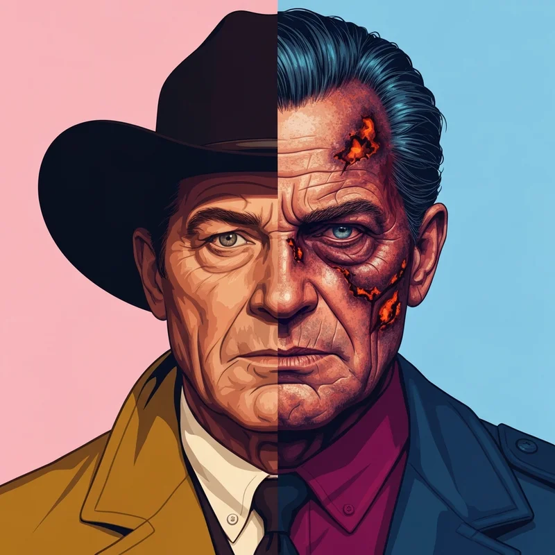 Walton Goggins as the Ghoul and Cooper Howard in a cinematic dual-exposure style portrait.