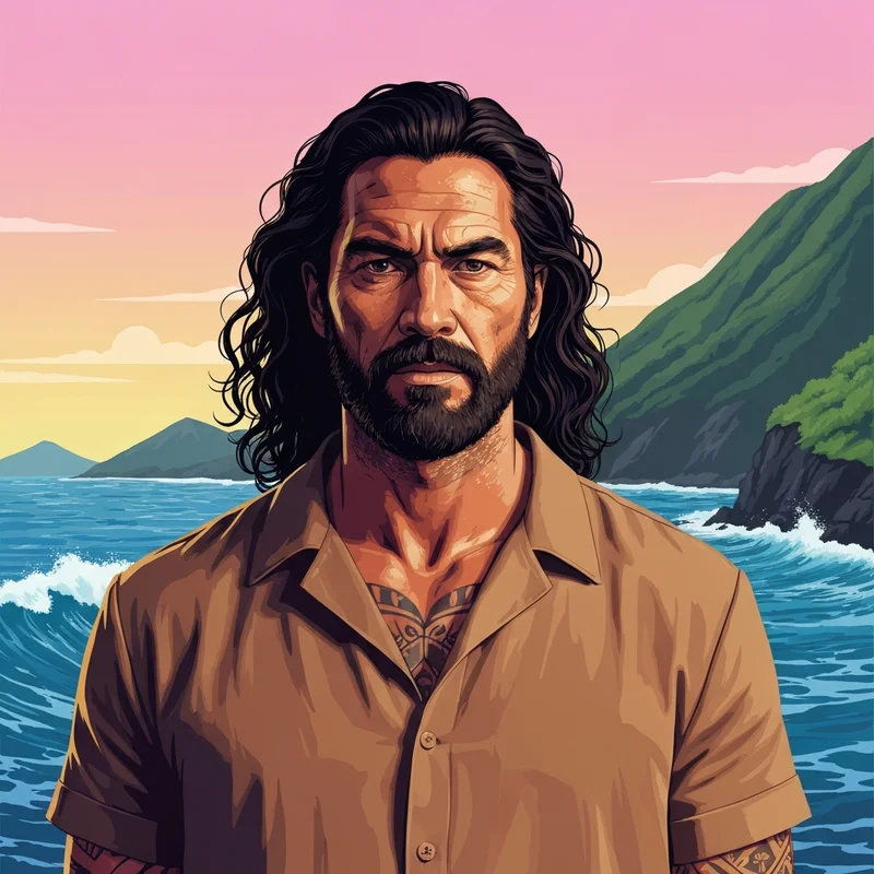 A cinematic, 8k portrait of a rugged man with long wavy hair and a beard, wearing a sustainable linen shirt, standing on a Hawaiian cliffside with the ocean in the background, embodying the Jason Momoa modern warrior aesthetic.