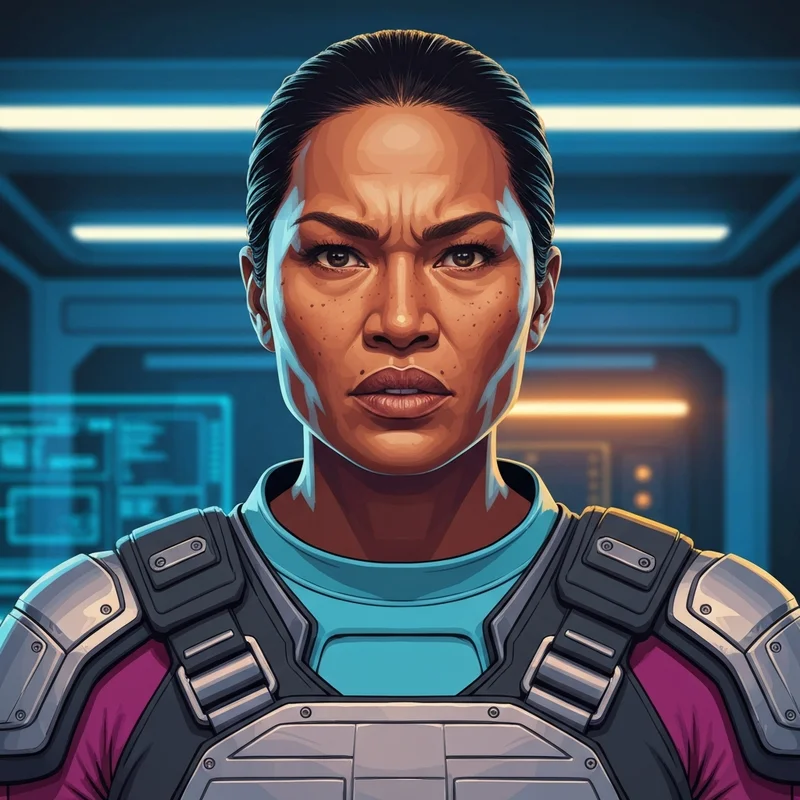 Frankie Adams as a powerful action lead in a cinematic urban setting with dramatic lighting, highlighting her Samoan heritage and physical presence.