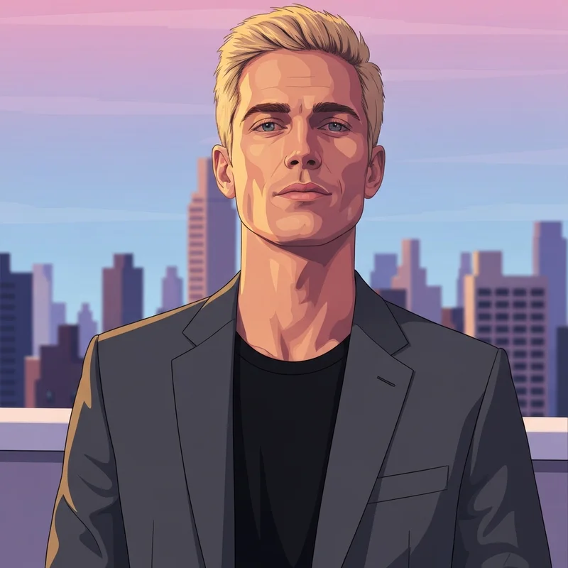 Portrait of Tom Blyth, a rising British actor with sharp features and blonde hair, reflecting his Coriolanus Snow and Billy the Kid roles.