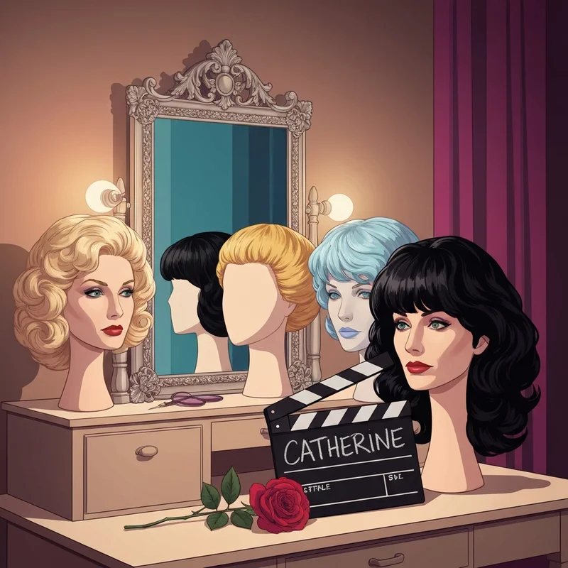A cinematic tribute to Catherine O'Hara featuring a stylized collection of wigs and iconic comedic props.