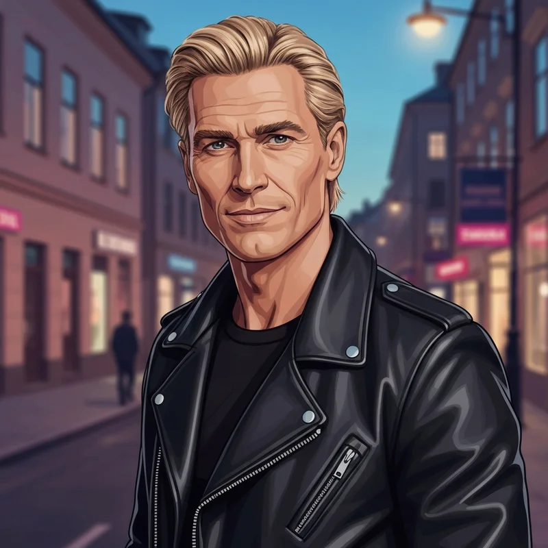 Alexander Skarsgård in a leather jacket during a 2026 interview about Pillion and SNL