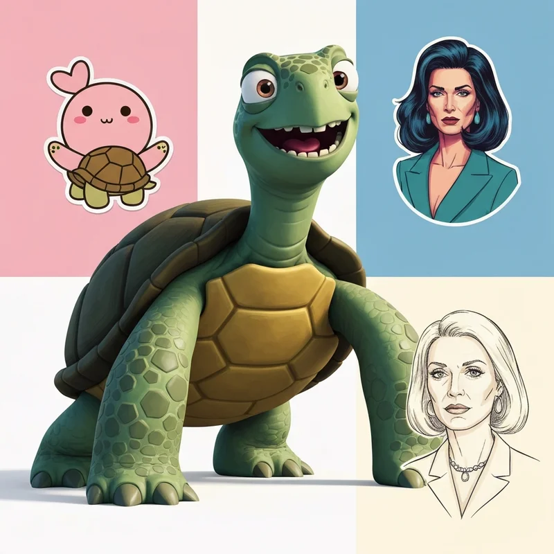 A collection of various cartoon turtle styles including 3D, Kawaii, and vector illustrations for creative inspiration.