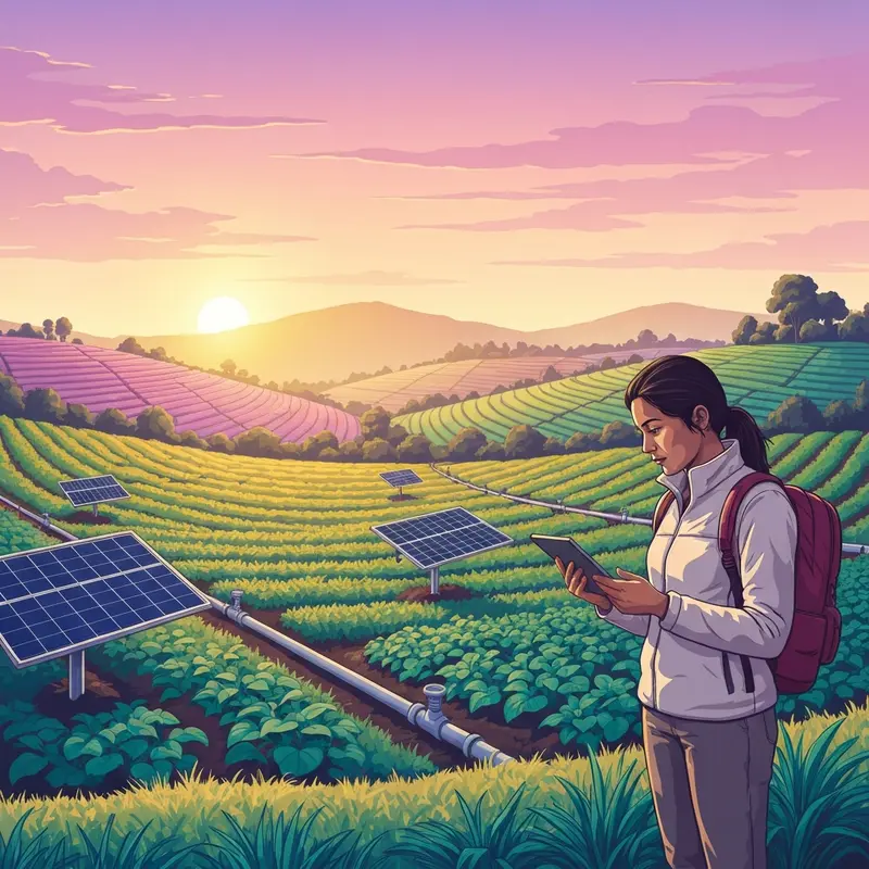 A modern African entrepreneur standing on a lush, terraced hill with solar-powered irrigation systems, symbolizing the concept of my african farm.