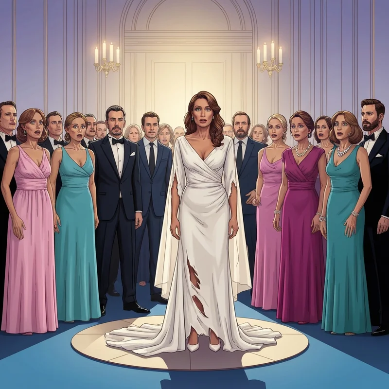 Dramatic wedding scene featuring a woman in a white gown being shamed at the altar, divorced at the wedding day theme.