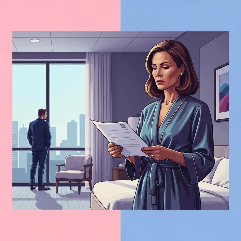 Dramatic scene depicting a resilient woman in a hospital setting facing a shadowy figure, symbolizing Mothering My Husband's Bastard.