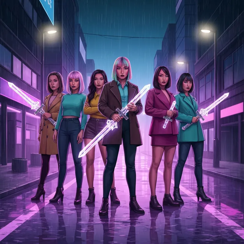 The members of HUNTR/X from kpop demon hunters standing in a neon Seoul street with their weaponized instruments, cinematic 8k style.