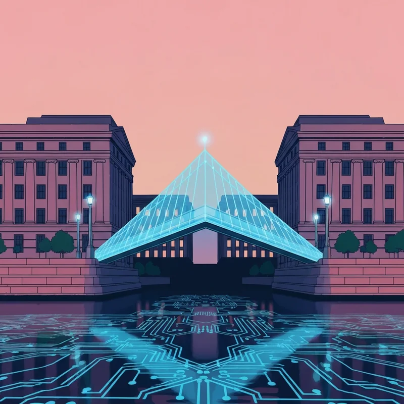 A futuristic digital bridge made of blue light connecting two massive stone banking institutions, representing the XRP utility in global finance.