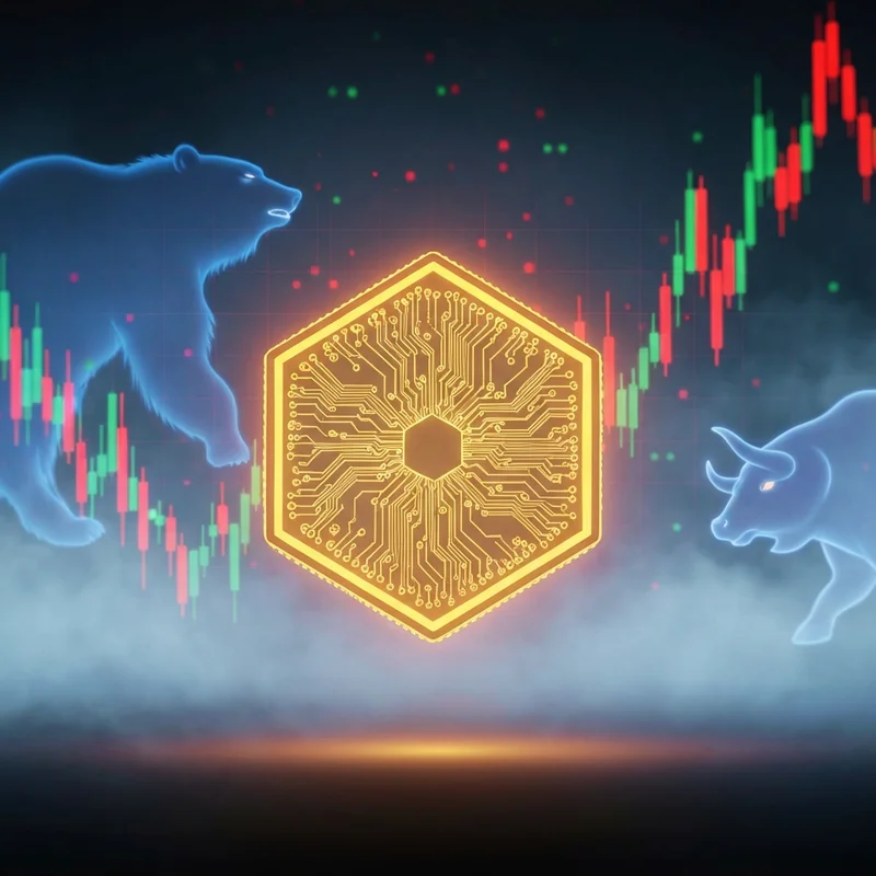 A cinematic visualization of the bitcoin price movement showing a digital gold coin amidst a stormy blue and red electronic chart.