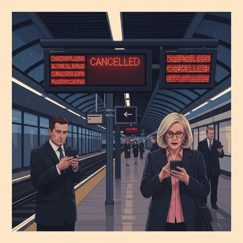 A high-tech digital display at a London train station showing delays and cancellations due to the train derailment london event at Selhurst depot.