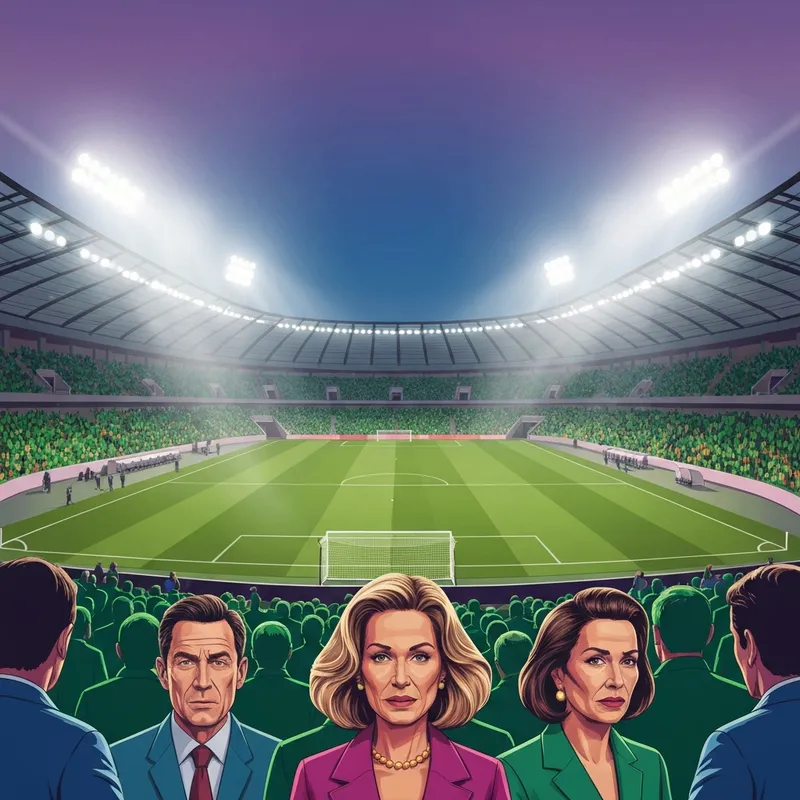 A dramatic cinematic view of a football stadium at night under bright floodlights with fans in green and white cheering during a match between hibernian vs dundee united.