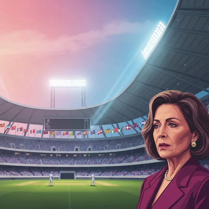 Cinematic wide-angle view of a futuristic cricket stadium during the t20 world cup with 20 international flags.