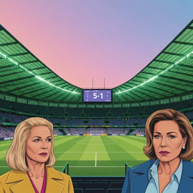 A dramatic wide-angle shot of a green and white football stadium under bright floodlights with a digital scoreboard showing 5-1 for the Palmeiras vs Vitória match.