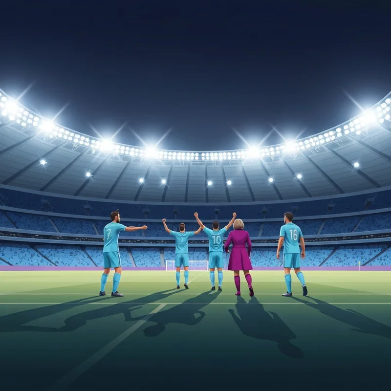 A cinematic view of the Etihad Stadium during the man city v newcastle semi-final with players celebrating under the lights.