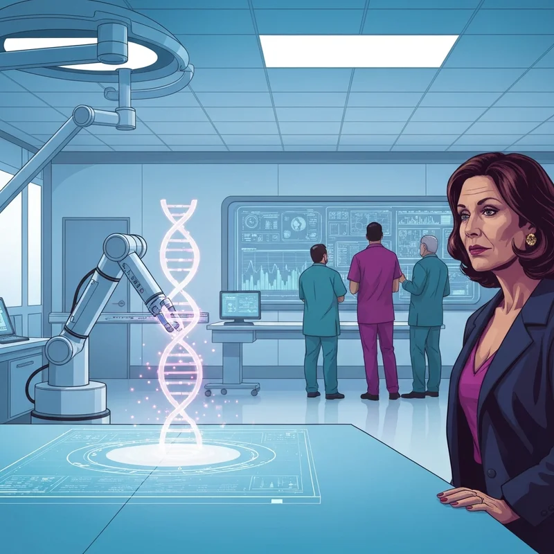 A high-tech medical laboratory representing the government national cancer plan with robotic arms and digital AI diagnostics screens.