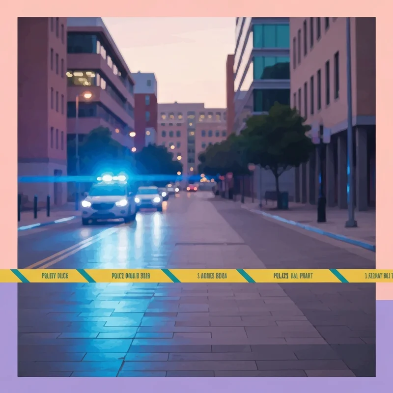 Emergency service lights and a police cordon tape near a modern university campus setting during the leicester stabbing investigation.