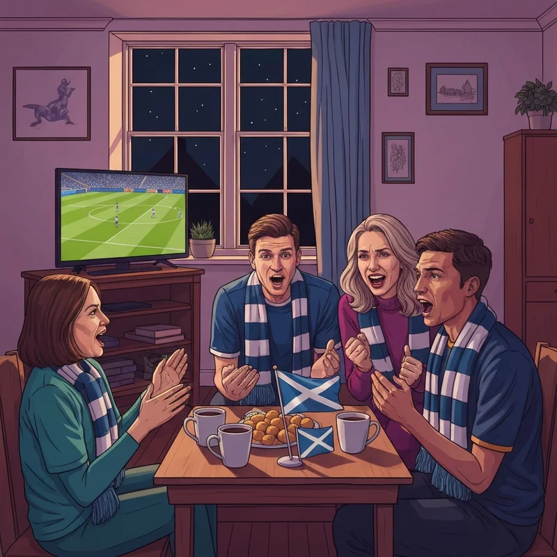A group of Scottish football fans in a dark living room at 2am, wearing blue jerseys and scarves, cheering in front of a television during the scotland world cup fixtures.