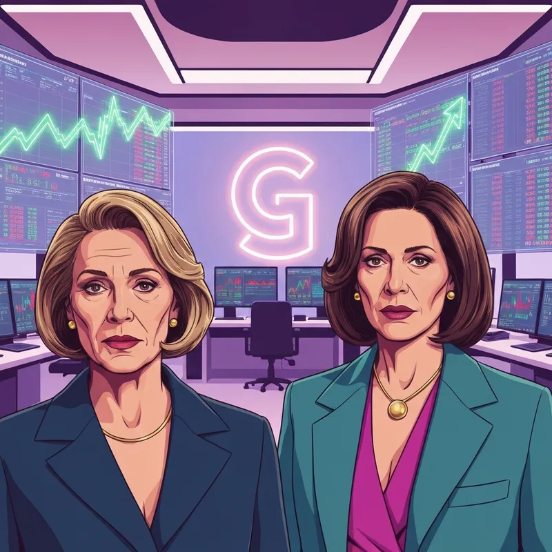 Live google share price ticker and financial dashboard with neon green growth arrows.