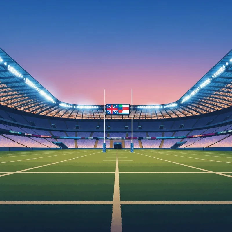 The official six nations 2026 fixtures displayed on a digital screen inside a modern rugby stadium at dusk.