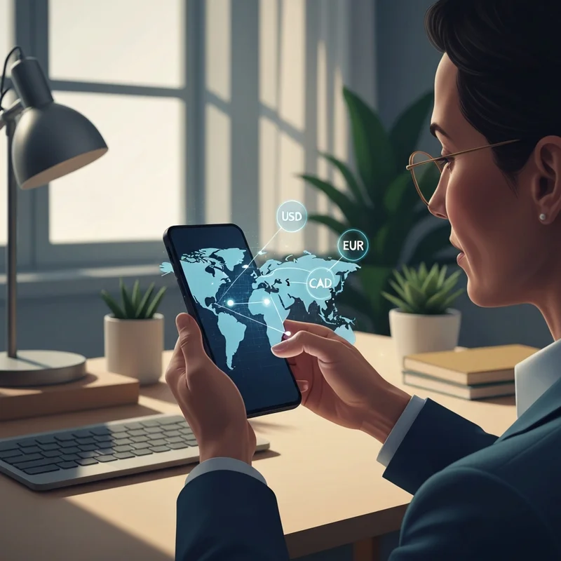 A digital-native person confidently using a smartphone app for a global money transfer with a futuristic exchange rate interface.