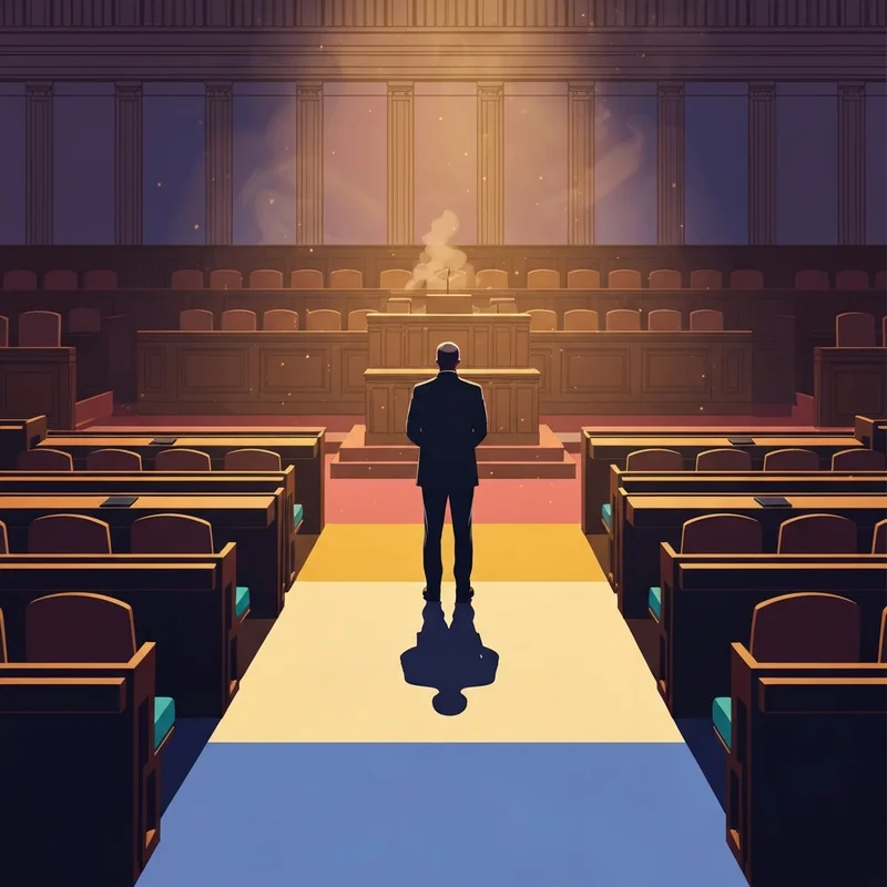 A serious political figure resembling Keir Starmer standing before the House of Commons, symbolizing a leadership crisis.