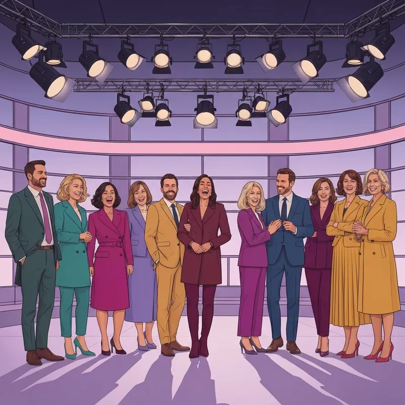 The official uk snl cast ensemble standing together for a promotional shoot, cinematic lighting, 8k resolution.