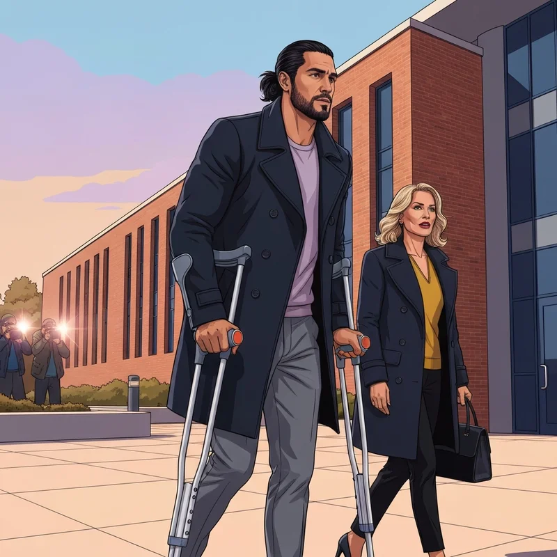 Andy Carroll arriving at Chelmsford Magistrates' Court in February 2026 on crutches with partner Lou Teasdale.