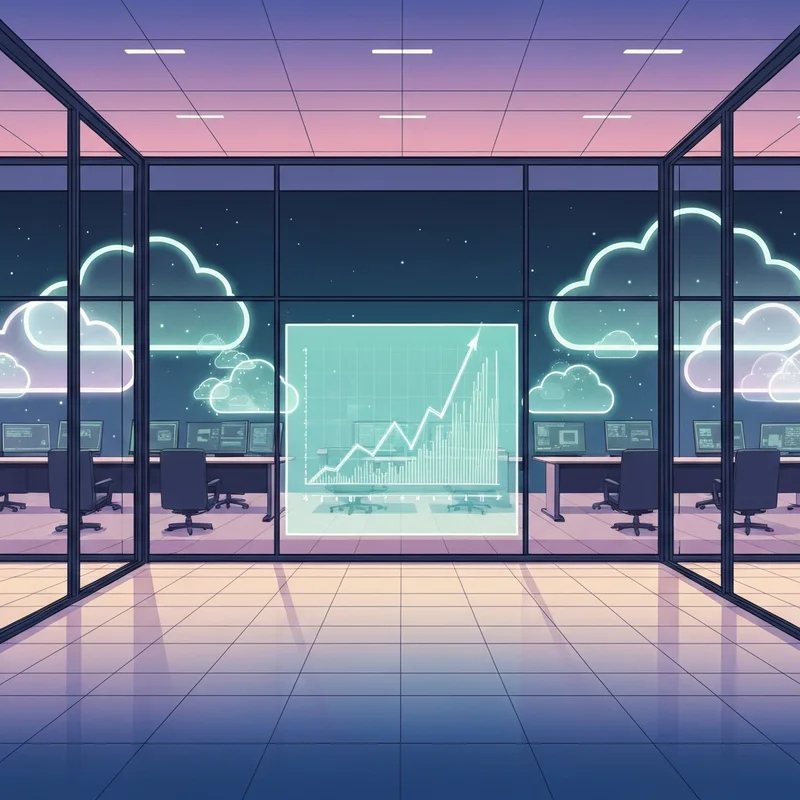 A futuristic digital dashboard showing the alphabet share price rising amidst neon-blue cloud server icons.