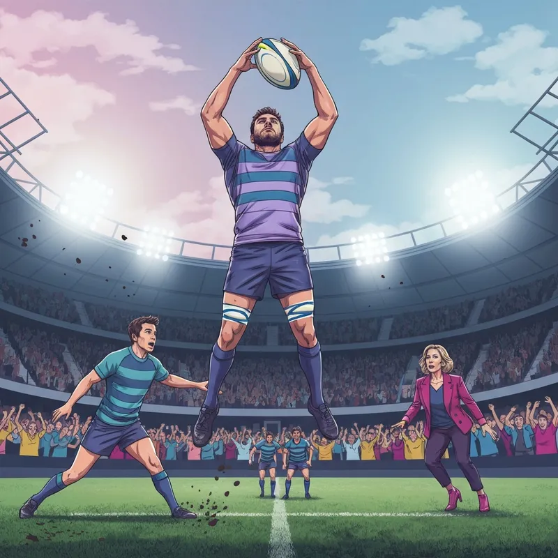 A high-intensity rugby match scene with a focus on a player catching the ball during a lineout, capturing the essence of rugby today.