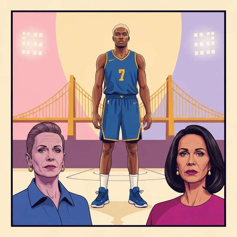 Kristaps Porzingis in a Golden State Warriors uniform standing near the basket with a cinematic blue and gold background.