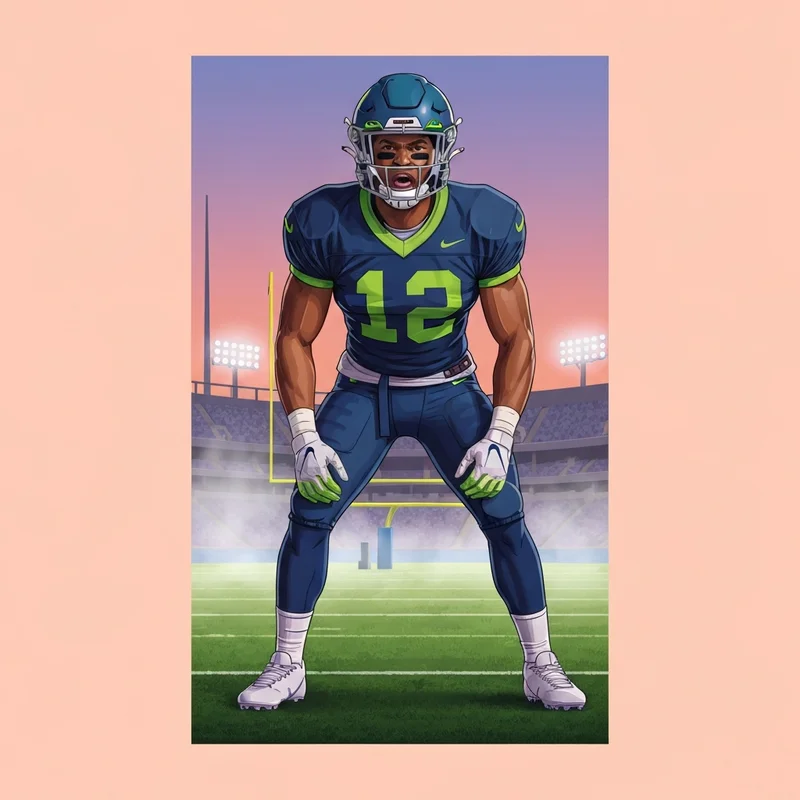 Seattle Seahawks rookie safety Nick Emmanwori during a high-intensity football practice, looking focused in a neon green and navy blue jersey.