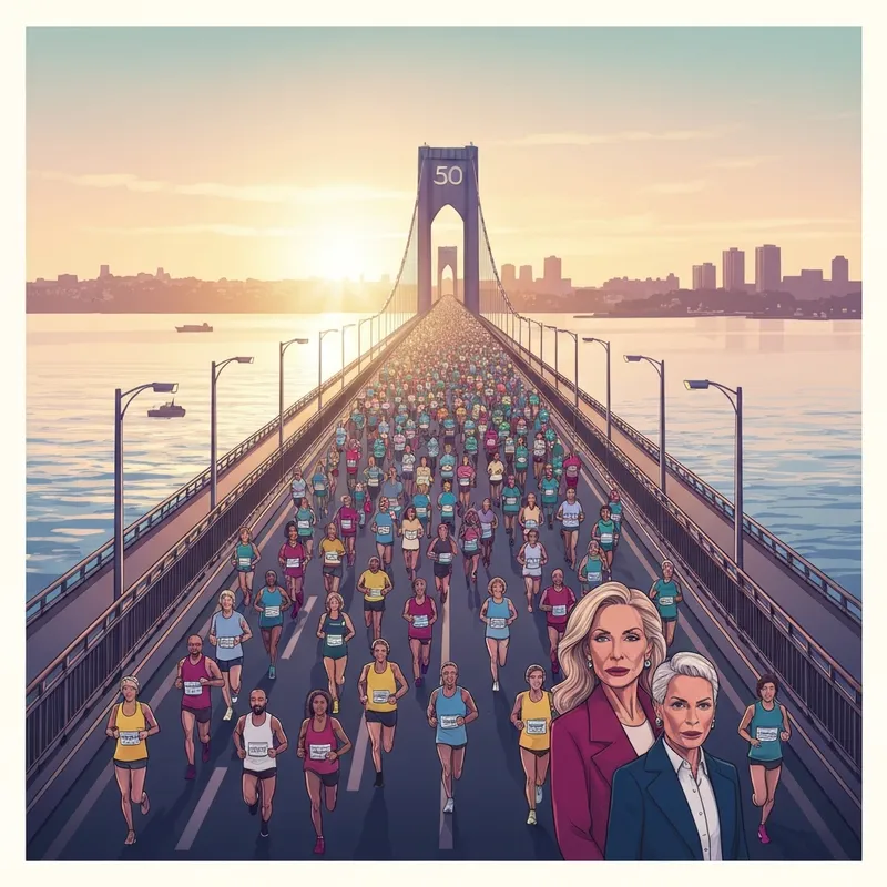 A diverse group of runners crossing a massive suspension bridge during the new york marathon 2026 with 50th anniversary banners.