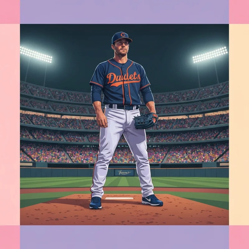 A cinematic view of a focused left-handed professional baseball pitcher in a dark blue and orange uniform standing on a pitcher's mound under stadium lights, representing Framber Valdez.