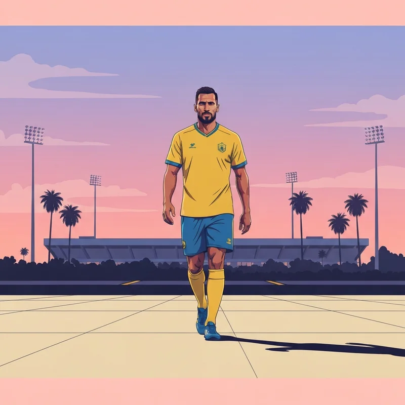 Cristiano Ronaldo in Al Nassr training kit arriving in Abha City for a match, looking focused and determined.