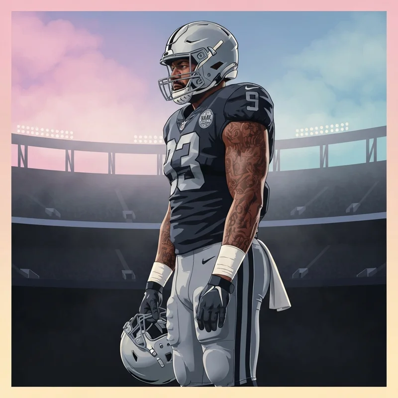 A powerful defensive end in a silver and black uniform looking determined on the sidelines, representing the Maxx Crosby trade rumors.