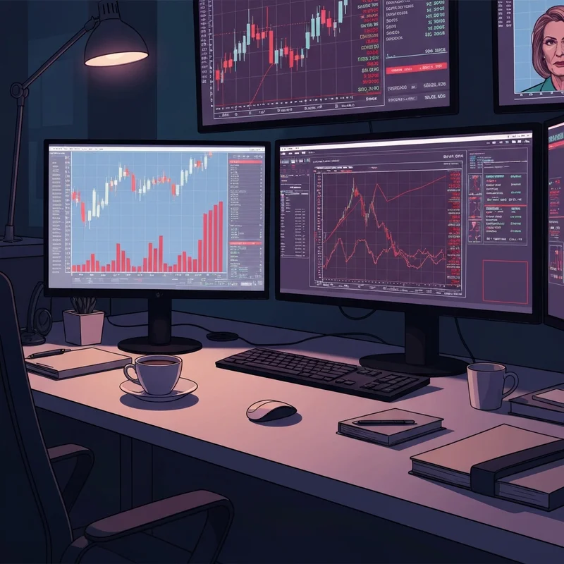 A professional desk with multiple monitors showing stock market news today and a red declining graph.