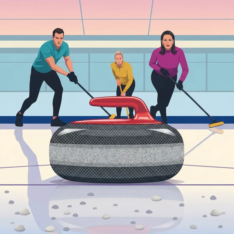 A close-up of a granite curling stone sliding across a pebbled ice surface toward the house at the 2026 Winter Olympics.