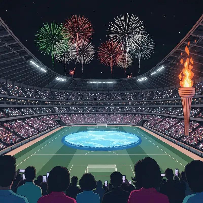 A cinematic wide shot of a grand stadium illuminated by blue and white lights with an Olympic flame glowing in the center, winter olympics opening ceremony.