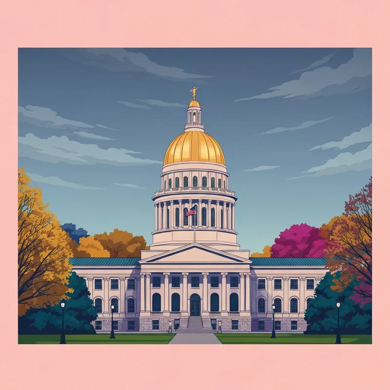 A cinematic, atmospheric view of the New Hampshire State House in Concord during a misty morning, symbolizing the complexity of New Hampshire news today.