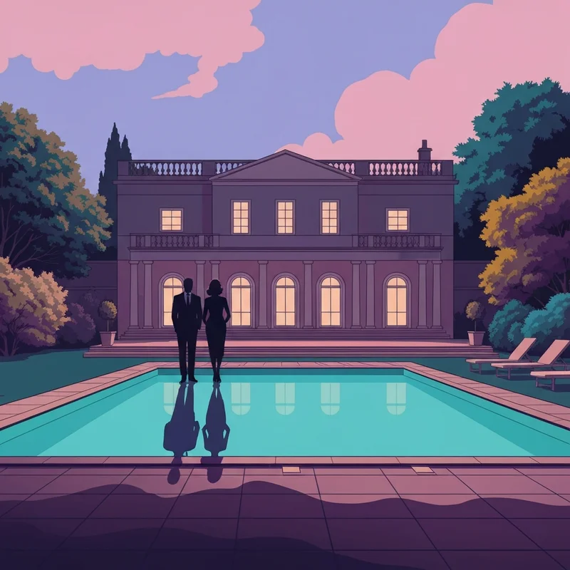 A cinematic representation of the Profumo scandal, featuring a 1960s luxury manor house with a swimming pool and shadows of political figures in suits.