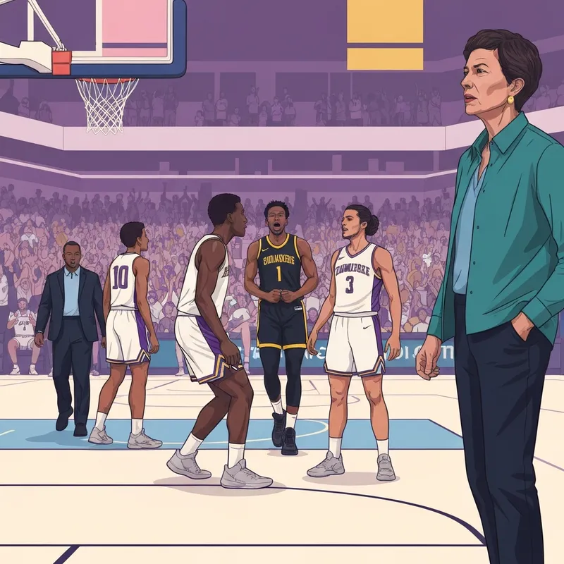 Iowa vs Washington basketball recap featuring a high-energy basketball game atmosphere with players in yellow and purple jerseys.