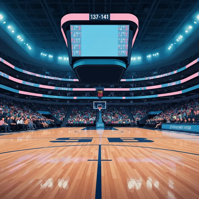Cinematic wide shot of a modern basketball arena with vibrant neon lights and a glowing scoreboard displaying a high-scoring game between two elite professional teams, captured in 8k detail.